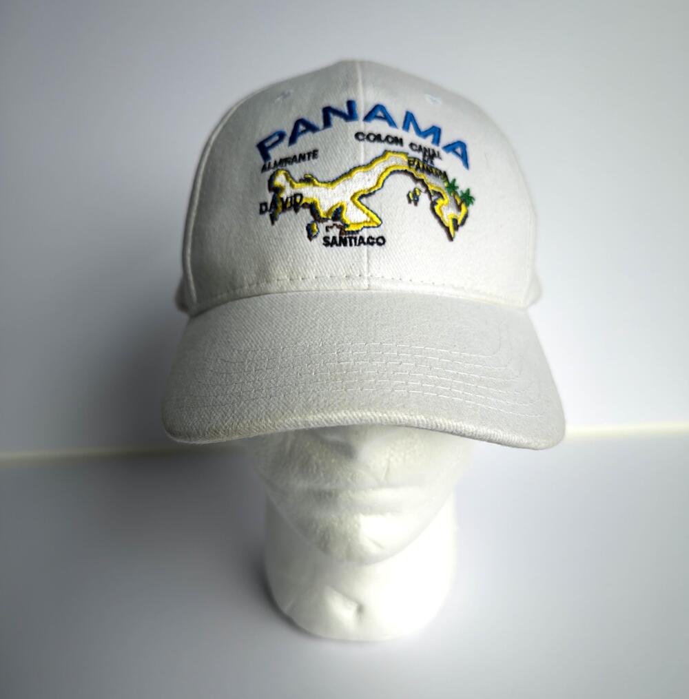 Vtg Panama Hat Cap Strap Back One Size White Embroidered Map Souvenir Unicrese